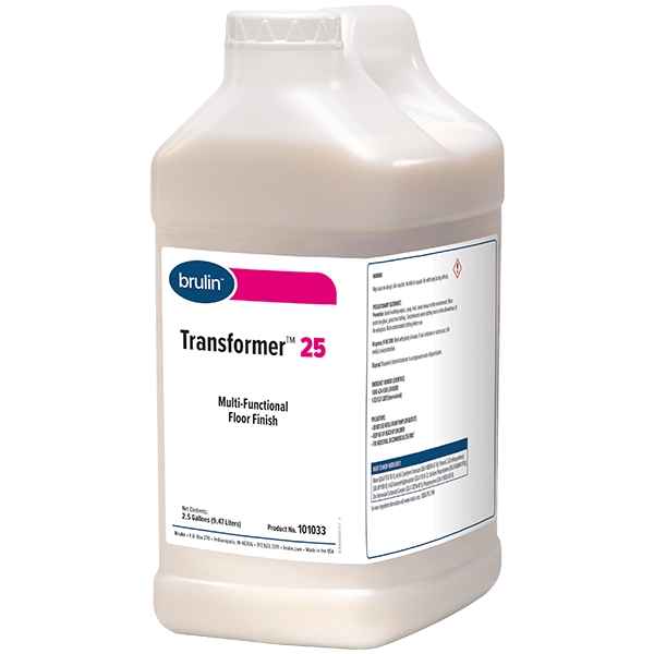A two-and-a-half gallon bottle of Brulin's Transformer 25 floor finish for floor care.