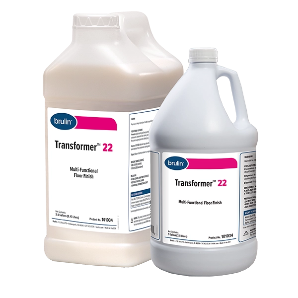 A 2.5 Gallon container of Brulin's Transformer 22 floor care finish sitting next to a 1 Gallon container of Transformer 22.