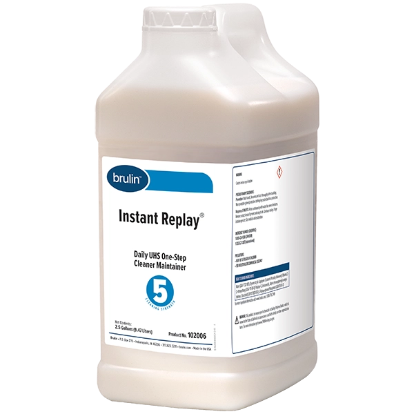 One two-and-a-half gallon bottle Brulin's Instant Replay daily ultra-high-speed (UHS) one-step floor cleaner and maintainer.