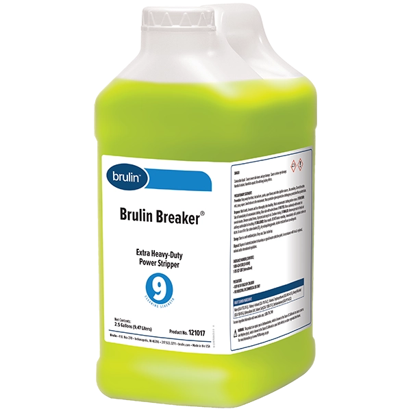 A 2.5 Gallon container of Brulin Breaker for floor care.