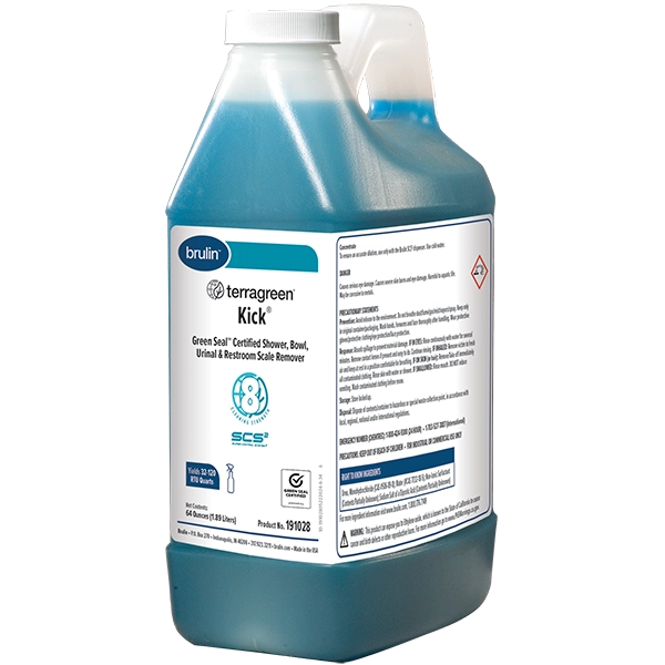 A 64 ounce container of Brulin's TerraGreen Kick for cleaning bathrooms, showers, toilet bowls, urinals and scale build-up.