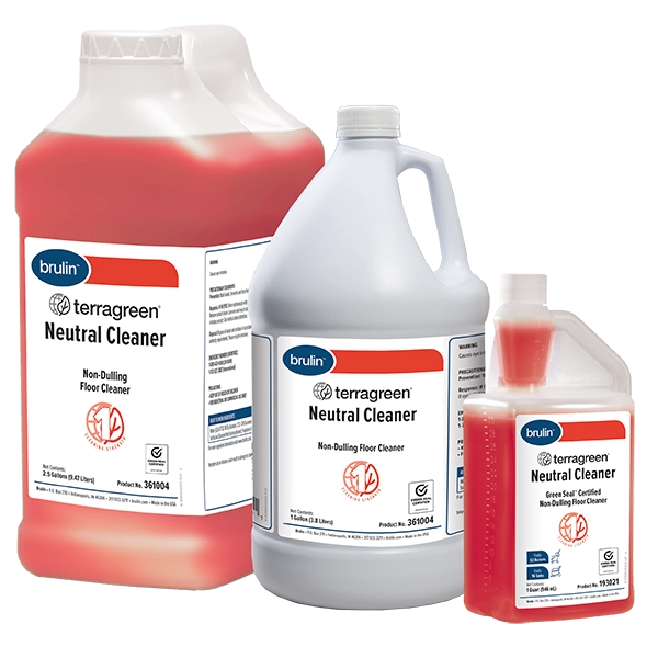 Multiple different containers of Brulin's TerraGreen Neutral Cleaner for floor care sitting next to each other.