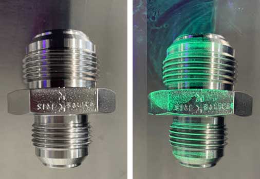 Clean 316 SS Fitting (left) dipped in "dirty" solvent (right) exposed to UV light. Dirty solvent can re-deposit contamination back on clean parts.