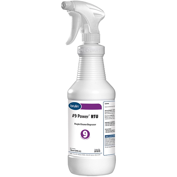 A spray bottle of Brulin's #9 Power RTU, a ready-to-use degreaser.