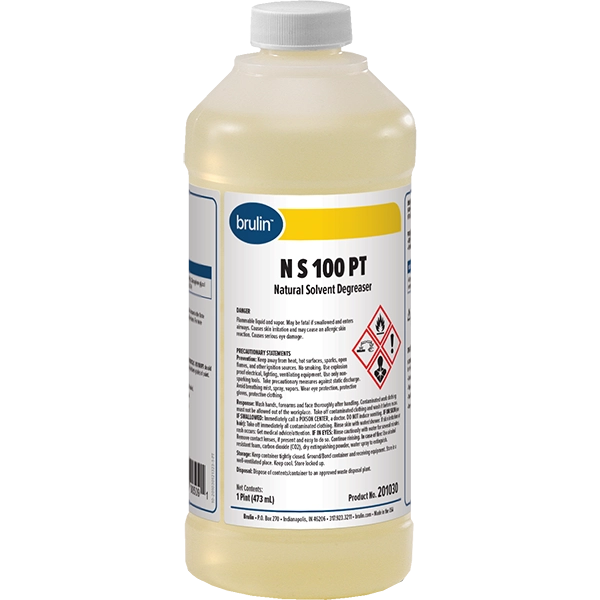 A bottle of Brulin's NS 100 PT, a natural citrus solvent degreaser.