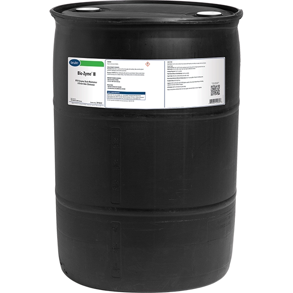 A drum of Brulin's Bio-Zyme II, a ready-to-use enzyme drain maintainer and drain odor eliminator.
