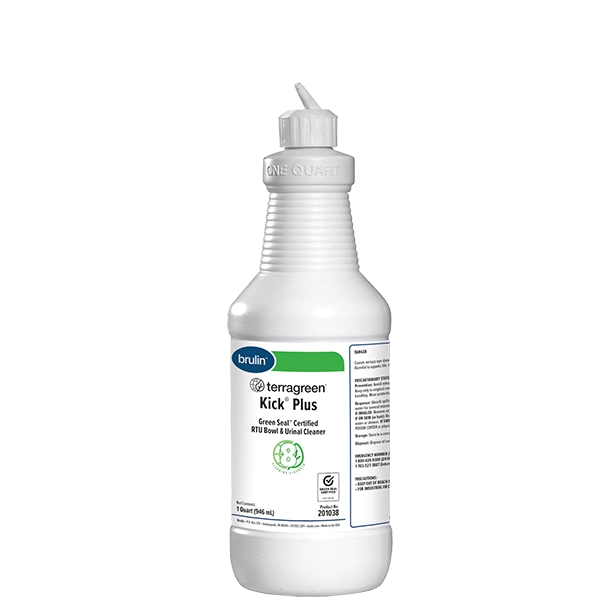 A bottle of Brulin's ready-to-use TerraGreen Kick Plus shower, urinal, sink, bowl and restroom scale remover