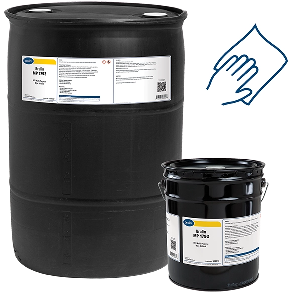 Brulin MP 1793 multi-purpose wipe solvent in a 55 Gallon and 5 Gallon container