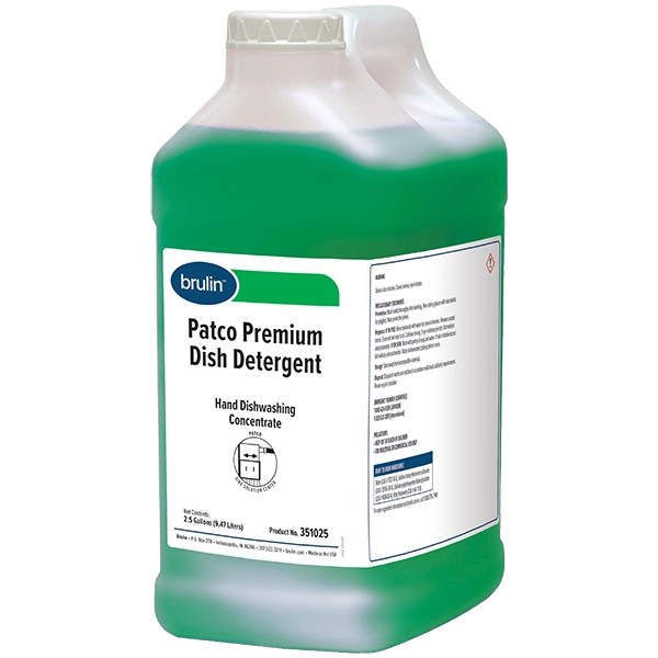 A 2.5 gallon bottle of Brulin's Patco Premium Dish Detergent