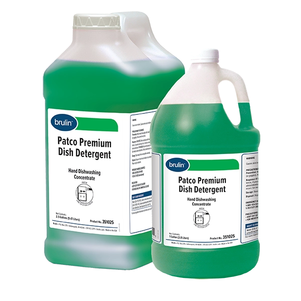Two bottles of Brulin's Patco Premium Dish Detergent