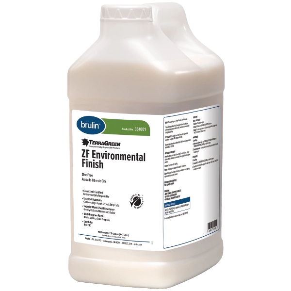 A container of Brulin's TerraGreen ZF Environmental Finish for floor cleaning