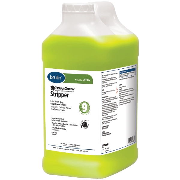 A container of Brulin's TerraGreen Stripper for floor cleaning