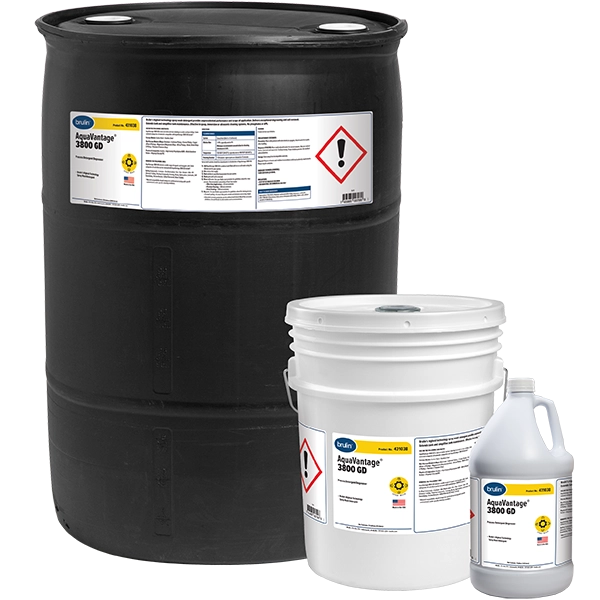 Brulin AquaVantage 3800 detergent in 55 gallon, 5 gallon and 1 gallon containers