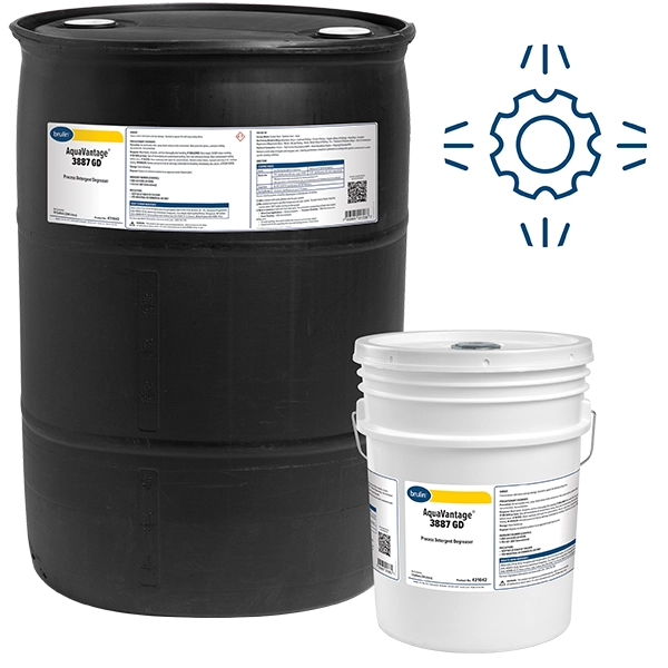 Large and small containers of Brulin's AquaVantage 3887 GD aqueous detergent and aerospace cleaner.