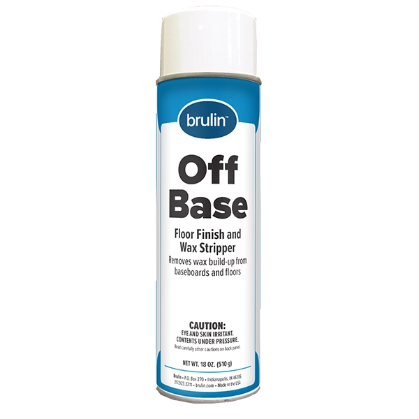 An aerosol bottle containing Brulin's Off-Base spot stripper for floor care.