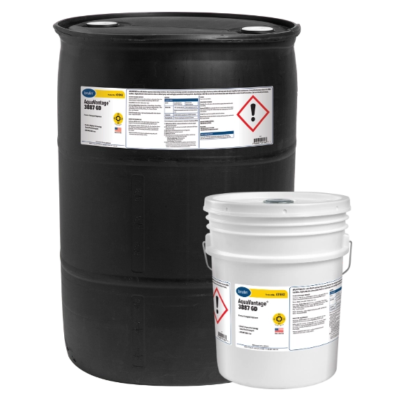 Large and small containers of Brulin's AquaVantage 3887 GD aqueous detergent and aerospace cleaner.