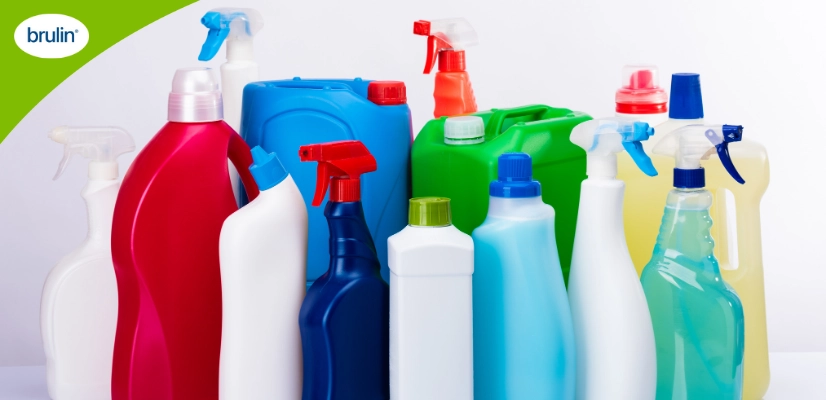 Bottles of diluted cleaning products