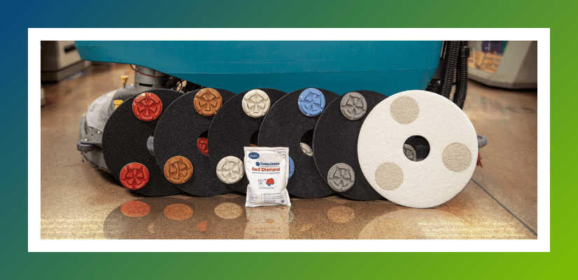 BruRenew pucks mounted on black pads, a white daily diamond scrubber pad and a packet containing Brulin's TerraGreen Red Diamond in front of a walk-behind floor scrubber. The concrete below is highly polished showcasing a high Distinctness Of Image.