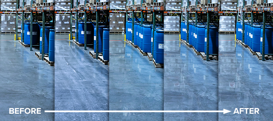 Before and After results of a concrete floor cleaned and maintained with BruRenew. From left to right, the floor increasingly becomes more reflective and has a higher distinctness of image thanks to Brulin's BruRenew concrete floor care solution.