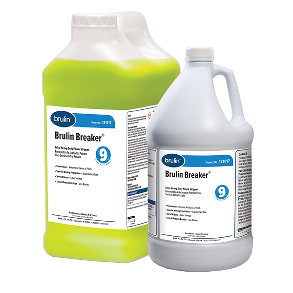 A 2.5 Gallon container of Brulin Breaker for floor care sitting next to a 1 Gallon container of Brulin Breaker.