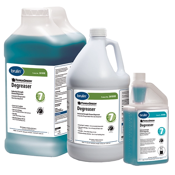 A 2.5 Gallon container of Brulin's TerraGreen Degreaser sitting next to a 1 Gallon and a 32 Ounce container of TerraGreen Degreaser.