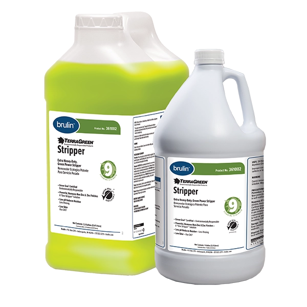 A 2.5 Gallon container of Brulin's TerraGreen Stripper for floor care sitting next to a 1 Gallon container of TerraGreen Stripper.