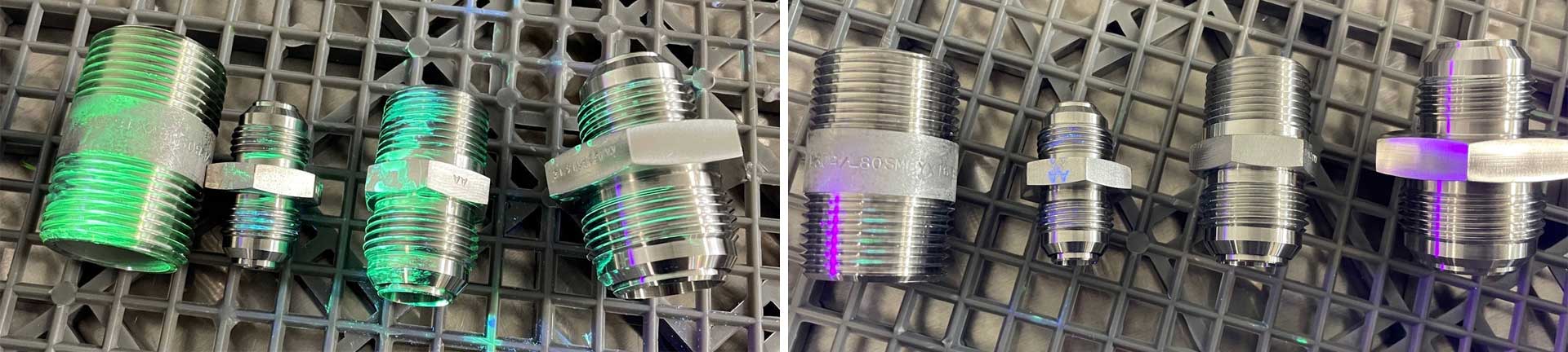 316 SS Fittings with dye penetrant (no water rinse) baked on. Same fittings after Rocket flush solvent cleaning 20 minutes (no water rinse) exposed to UV light to show residue. 