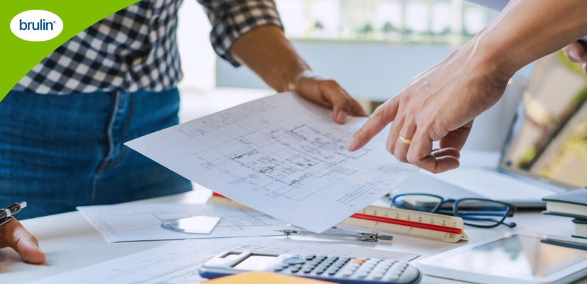 Two facility cleaning specialists designing a floor care maintenance program using layouts of a facility.